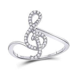 Womens Round Diamond Treble Clef Music Note Fashion Ring 1/6 Cttw 10kt White Gold - REF-15A5M