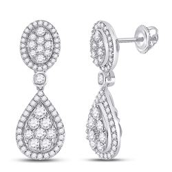 Womens Round Diamond Teardrop Dangle Earrings 7/8 Cttw 14kt White Gold - REF-65H5R