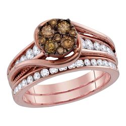 Womens Round Brown Diamond Bridal Wedding Ring Band Set 1 Cttw 14kt Rose Gold - REF-85F9W