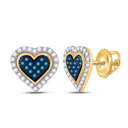 Womens Round Blue Color Enhanced Diamond Heart Stud Earrings 1/4 Cttw 10kt Yellow Gold - REF-14M9H