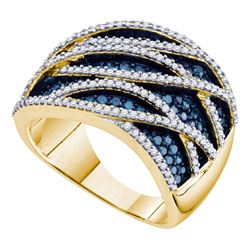 Womens Round Blue Color Enhanced Diamond Striped Ring 1-1/4 Cttw 10kt Yellow Gold - REF-63X5A