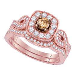Womens Round Brown Diamond Bridal Wedding Ring Band Set 3/4 Cttw 14kt Rose Gold - REF-79M5H