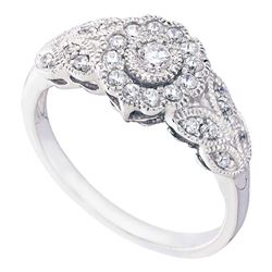 Womens Round Diamond Solitaire Floral Cluster Milgrain Ring 1/3 Cttw 10kt White Gold - REF-29X9A