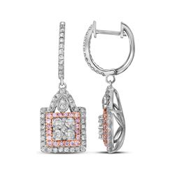Womens Round Pink Diamond Square Cluster Dangle Earrings 1 Cttw 14kt White Gold - REF-126W9K