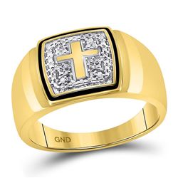 Mens Round Diamond Cross Band Ring .02 Cttw 10kt Yellow Gold - REF-24Y5N
