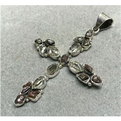 Meteorite & Herkimer Diamond Sterling Silver Cross Pendant