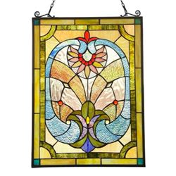 Tiffany-style Blue Green Stained Art Glass Hanging Window