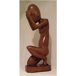 Vintage Mid Century Wood Carving, Despair, Figurative Nude
