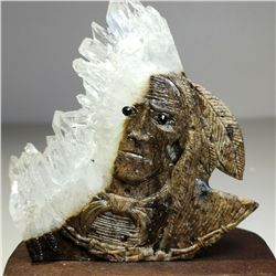 Native American Tribal Leader Carved Quartz Cluster Display Specimen