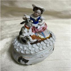 19thc Victorian Conta & Boheme Porcelain Fairing Trinket Box, Lady Petting Goat