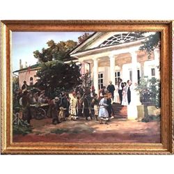 Large Late 20thc Wedding Party Oil Painting