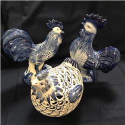 Set of Blue & White Ceramic Roosters Hen Kitchen Decorations