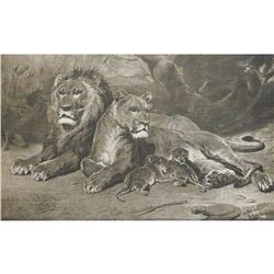 Vintage c1920â€™s Half-tone Print, #541 Lion Family