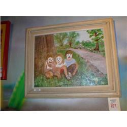 Oil art three little clowns under tree