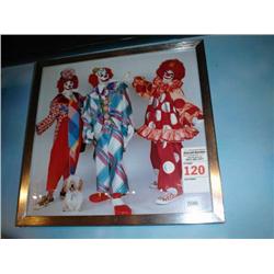 3 clowns with dog print in metal frame 