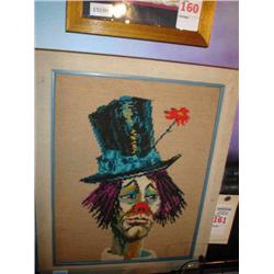 Crochet art sad clown in wood frame