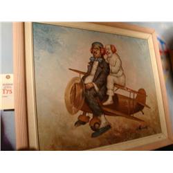 two clowns riding plane in oil reproduc