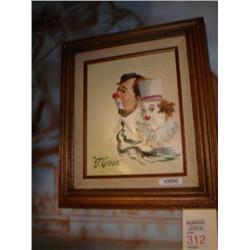 framed oil by T Greca of clown