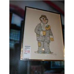 framed color drawing of clown with dais