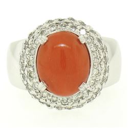 14kt White Gold Oval Cabochon Red Coral Ring w/ 2.10 ctw Diamond Halo