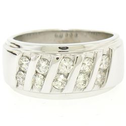 Men's 14k White Gold 1.00 ctw Round Diamond Diagonal Channel WIDE BOLD Band Ring