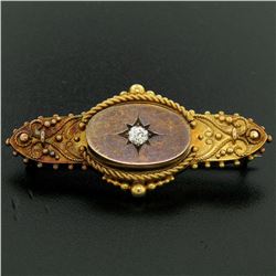 Antique Victorian 15k Yellow Gold Old Mine Cut Diamond & Twisted Wire Brooch Pin