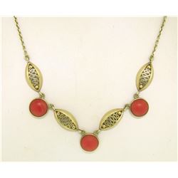 14k Solid Gold Ox Blood Red Coral Open Work Collar Necklace