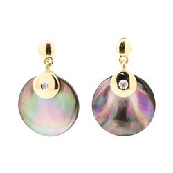 0.03 ctw Black Mother of Pearl and Diamond Circle Dangle Earrings - 14KT Yellow