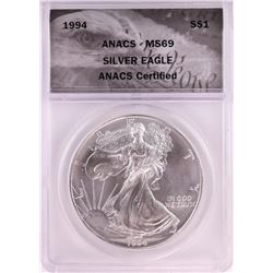 1994 $1 American Silver Eagle Coin ANACS MS69