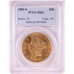 1905-S $20 Liberty Head Double Eagle Gold Coin PCGS MS62