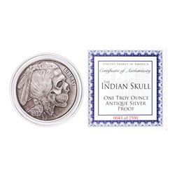 United Snakes of America Indian Skull 1 oz Antique Silver Proof Round w/COA