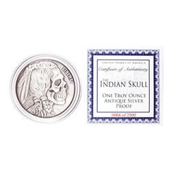 United Snakes of America Indian Skull 1 oz Antique Silver Proof Round w/COA