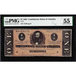 1864 $1 Confederate States of America Note T-71 PMG About Uncirculated 55