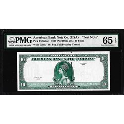 1929 10 Unit American Bank Note Co.  Test Note  PMG Gem Uncirculated 65EPQ