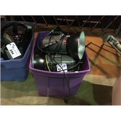 TOTE OF ASSORTED SOLAFLASH STAGE LIGHTS AND BATTERY BOOSTER