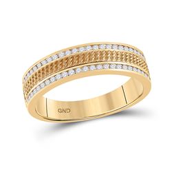 Mens Round Diamond Wedding Textured Band Ring 1/3 Cttw 14kt Yellow Gold - REF-58W9K