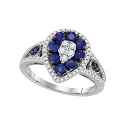 Womens Round Blue Sapphire Diamond Teardrop Ring 1-5/8 Cttw 18kt White Gold - REF-104X9A