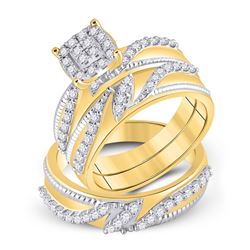 1 CTW His Hers Round Diamond Cluster Matching Wedding Set 10kt Yellow Gold - REF-92W6H