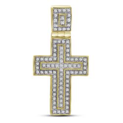 1/4 CTW Mens Round Diamond Layered Cross Charm Pendant 10kt Yellow Gold - REF-39Y5N