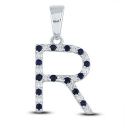 1/3 CTW Womens Round Blue Sapphire Initial R Letter Pendant 10kt White Gold - REF-21N8A