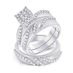 1 CTW His Hers Round Diamond Cluster Matching Wedding Set 10kt White Gold - REF-92M6F