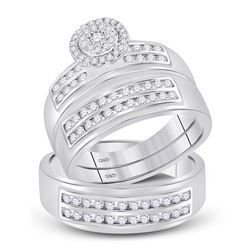 7/8 CTW His Hers Round Diamond Cluster Matching Wedding Set 14kt White Gold - REF-121T4V