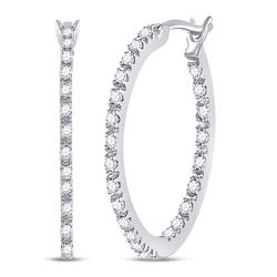 1/4 CTW Womens Round Diamond Slender Single Row Hoop Earrings 10kt White Gold - REF-34R3X