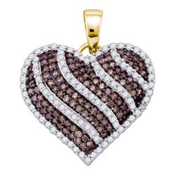 1 CTW Womens Round Brown Diamond Striped Heart Pendant 10kt Yellow Gold - REF-61Y4N