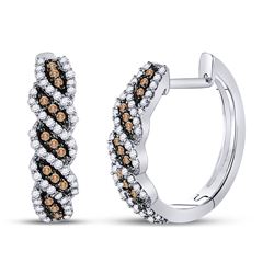 5/8 CTW Womens Round Brown Diamond Hoop Earrings 10kt White Gold - REF-47X6T