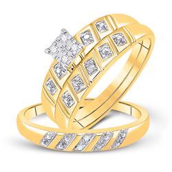 1/12 CTW His Hers Round Diamond Square Matching Wedding Set 10kt Yellow Gold - REF-30W7H