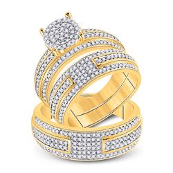 1 CTW His Hers Round Diamond Cluster Matching Wedding Set 14kt Yellow Gold - REF-102A3M