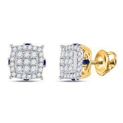 5/8 CTW Womens Round Diamond Blue Sapphire Square Earrings 14kt Yellow Gold - REF-59X9T