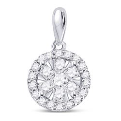 1/2 CTW Womens Round Diamond Halo Flower Cluster Pendant 14kt White Gold - REF-45T2V