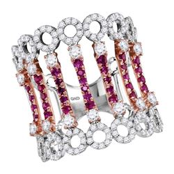 1 & 5/8 CTW Womens Round Ruby Diamond Cocktail Fashion Ring 14kt Two-tone White Rose Gold - REF-117F